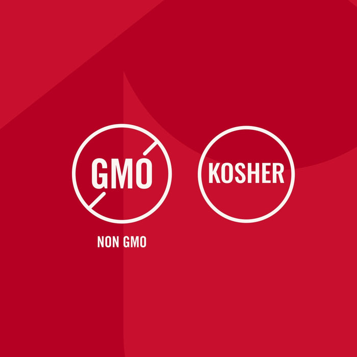 An infographic for Mccormick Garlic And Herb Pepper Seasoning Ground 4.37 Oz featuring white circular icons that indicate the product is Non GMO and Kosher against a red background.