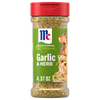 A clear plastic bottle of Mccormick Garlic And Herb Pepper Seasoning Ground 4.37 Oz featuring a green label with a picture of seasoned salmon and pasta.