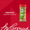 A promotional graphic for Mccormick Garlic And Herb Pepper Seasoning Ground 4.37 Oz featuring a bottle of the seasoning against a red background with the text Versatile Pantry Staple.