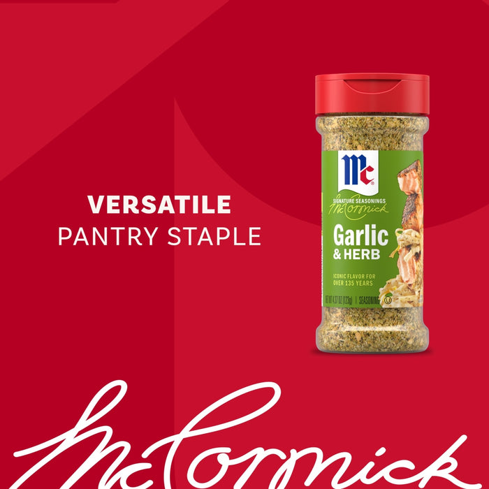 A promotional graphic for Mccormick Garlic And Herb Pepper Seasoning Ground 4.37 Oz featuring a bottle of the seasoning against a red background with the text Versatile Pantry Staple.