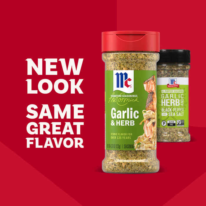 A promotional graphic featuring the new packaging for Mccormick Garlic And Herb Pepper Seasoning Ground 4.37 Oz alongside the previous bottle design to highlight the updated look with the same great flavor.