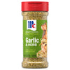 A clear plastic bottle of Mccormick Garlic And Herb Pepper Seasoning Ground 4.37 Oz featuring a green label with an image of seasoned salmon over pasta.