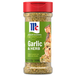 A clear plastic bottle of Mccormick Garlic And Herb Pepper Seasoning Ground 4.37 Oz featuring a green label with an image of seasoned salmon over pasta.