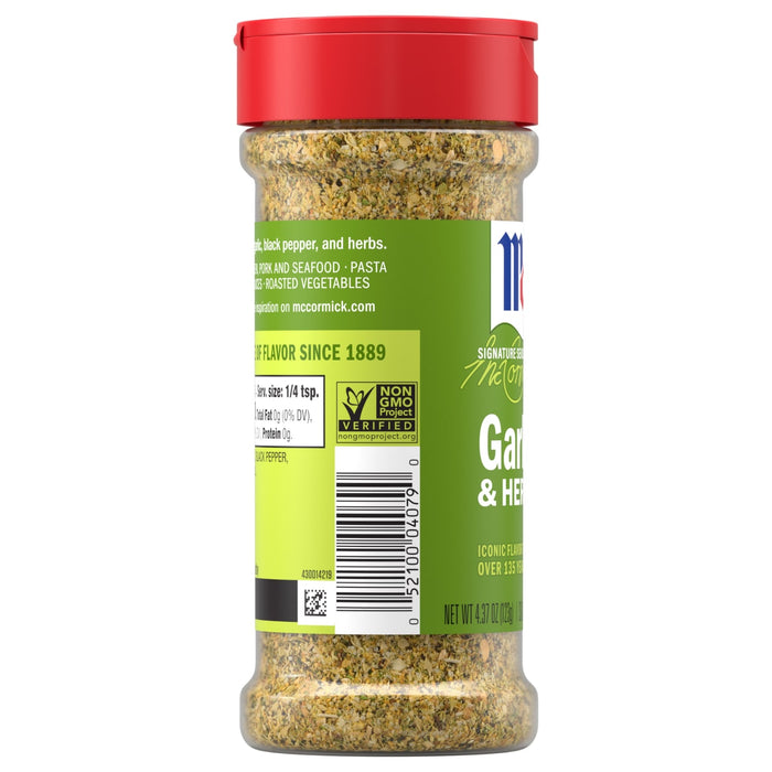 A clear plastic bottle of Mccormick Garlic And Herb Pepper Seasoning Ground 4.37 Oz featuring a red flip-top lid and a green label with a barcode and Non-GMO Project Verified seal.