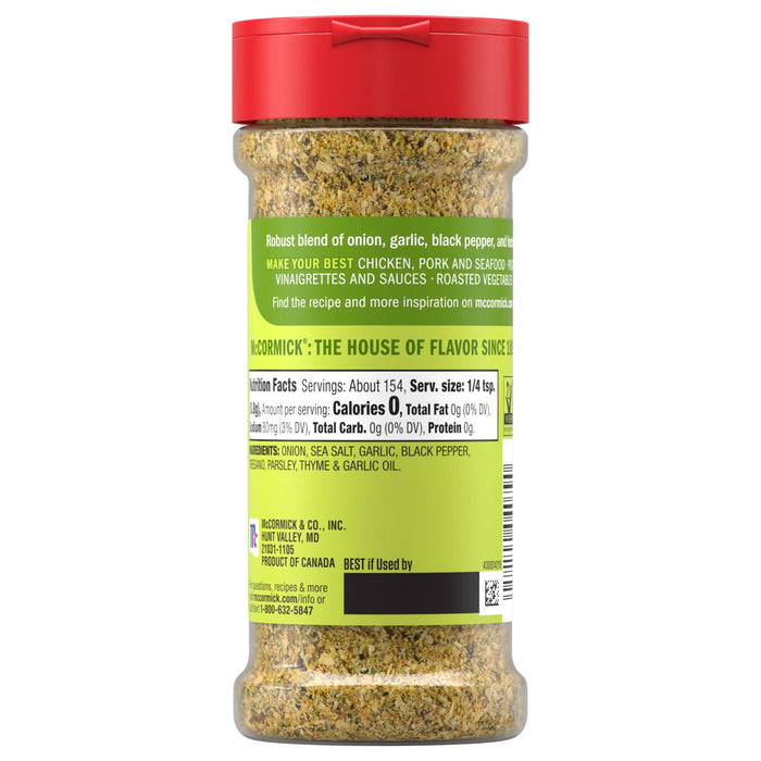 The back label of Mccormick Garlic And Herb Pepper Seasoning Ground 4.37 Oz displays nutrition facts and an ingredient list featuring onion, sea salt, garlic, black pepper, oregano, parsley, thyme, and garlic oil.