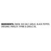 The ingredient list for Mccormick Garlic And Herb Pepper Seasoning Ground 4.37 Oz includes onion, sea salt, garlic, black pepper, oregano, parsley, thyme, and garlic oil.