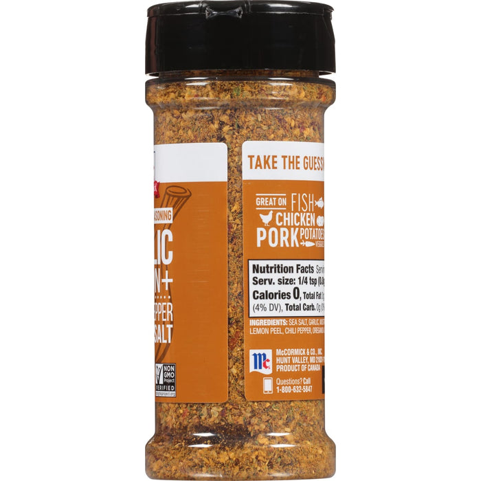 A bottle of McCormick Garlic Lemon &amp; Pepper Salt seasoning.