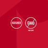 An infographic for Mccormick Signature Seasoning Savory Garlic Onion Oz featuring white circular icons that indicate the product is Kosher and Non GMO against a red background.