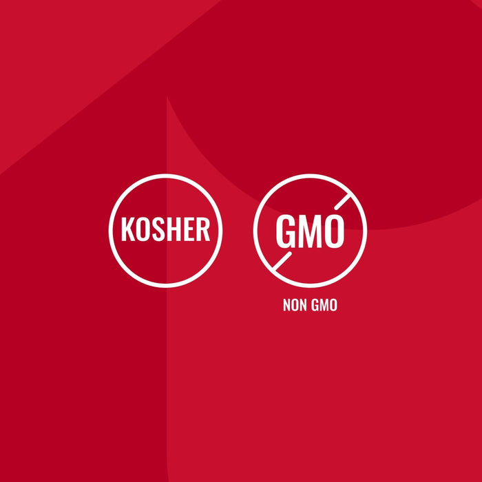 An infographic for Mccormick Signature Seasoning Savory Garlic Onion Oz featuring white circular icons that indicate the product is Kosher and Non GMO against a red background.