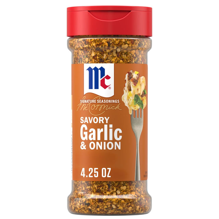 A bottle of Mccormick Signature Seasoning Savory Garlic Onion Oz features a blend of coarse spices and a graphic of cheesy potatoes on a fork.