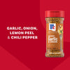 A bottle of Mccormick Signature Seasoning Savory Garlic Onion Oz is displayed against a red background alongside bold text highlighting its key ingredients of garlic, onion, lemon peel, and chili pepper.