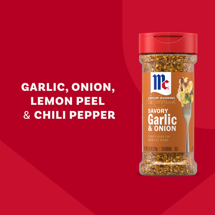 A bottle of Mccormick Signature Seasoning Savory Garlic Onion Oz is displayed against a red background alongside bold text highlighting its key ingredients of garlic, onion, lemon peel, and chili pepper.