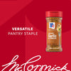 A bottle of Mccormick Signature Seasoning Savory Garlic Onion Oz is displayed against a red background as a versatile pantry staple for iconic flavor.