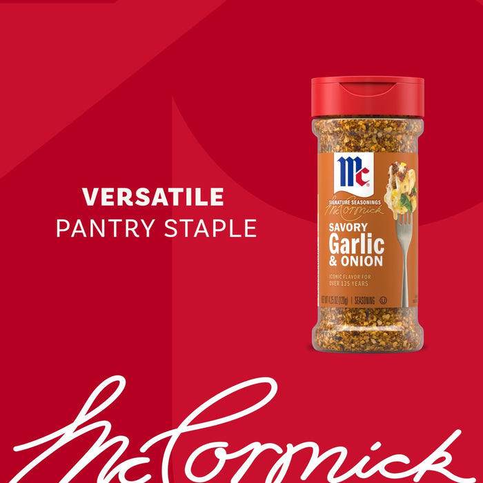 A bottle of Mccormick Signature Seasoning Savory Garlic Onion Oz is displayed against a red background as a versatile pantry staple for iconic flavor.