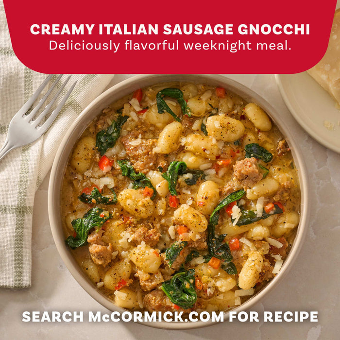A bowl of creamy Italian sausage gnocchi with spinach and red peppers is seasoned with Mccormick Signature Seasoning Savory Garlic Onion Oz to create a flavorful weeknight meal.