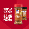 A promotional graphic highlights the updated packaging for Mccormick Garlic Onion Pepper Seasoning Ground 4.25 Oz with the text New Look Same Great Flavor against a bold red background.