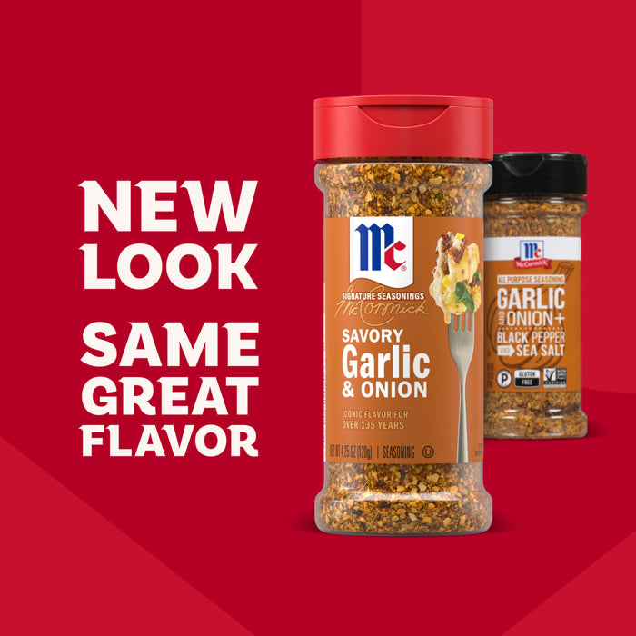 A promotional graphic highlights the updated packaging for Mccormick Garlic Onion Pepper Seasoning Ground 4.25 Oz with the text New Look Same Great Flavor against a bold red background.