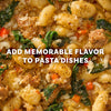 A close up view of a creamy gnocchi dish with sausage and spinach highlights how to add memorable flavor to pasta dishes using Mccormick Signature Seasoning Savory Garlic Onion Oz.