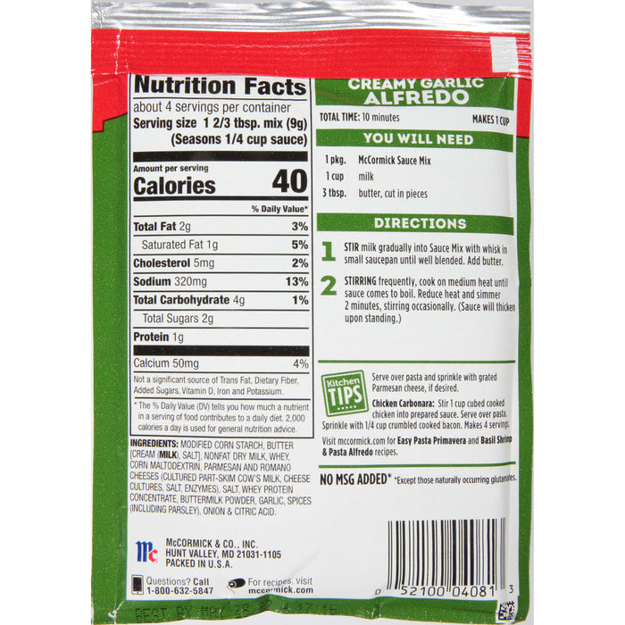 McCormick® Creamy Garlic Alfredo Sauce Mix, 1.25 oz (6-Pack)