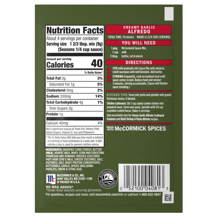 The back of a Mccormick Creamy Garlic Alfredo Sauce Mix Envelope 1.25 Oz displays nutrition facts, cooking directions, and a list of ingredients including real McCormick spices.