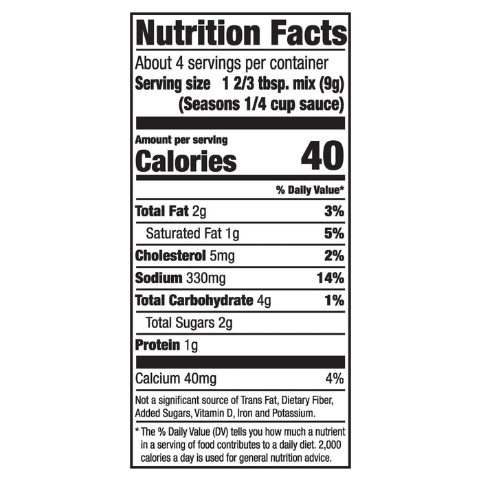 A nutrition facts label for Mccormick Creamy Garlic Alfredo Sauce Mix Envelope 1.25 Oz showing 40 calories and 330 milligrams of sodium per serving.