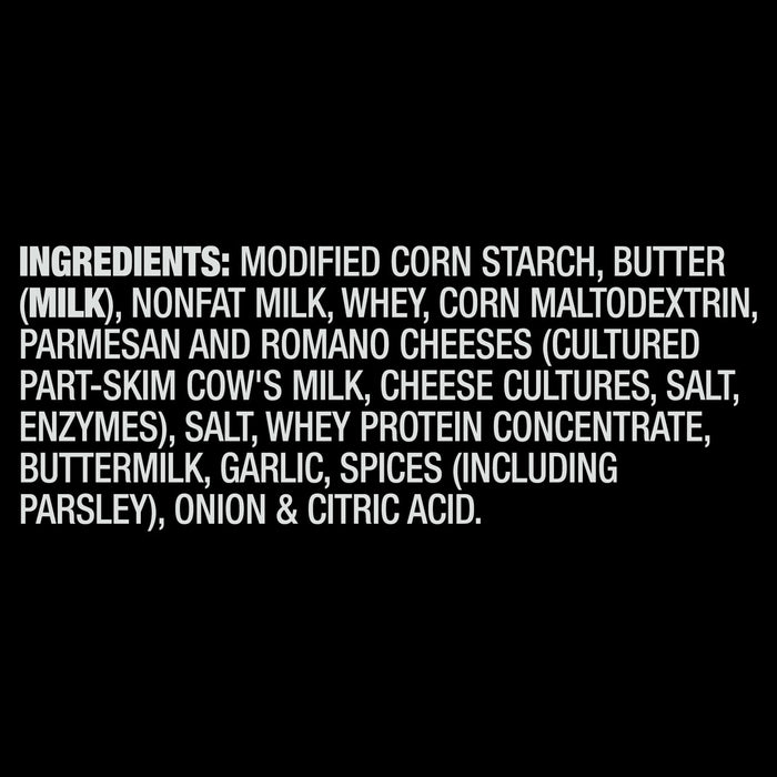 A list of ingredients for Mccormick Creamy Garlic Alfredo Sauce Mix Envelope 1.25 Oz includes modified corn starch, butter, nonfat milk, whey, and a blend of parmesan and romano cheeses.