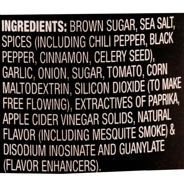 A list of ingredients for a product including brown sugar sea salt spices garlic onion sugar tomato corn maltodextrin silicon dioxide apple cider vinegar solids natural flavor disodium inosinate and guanylate.