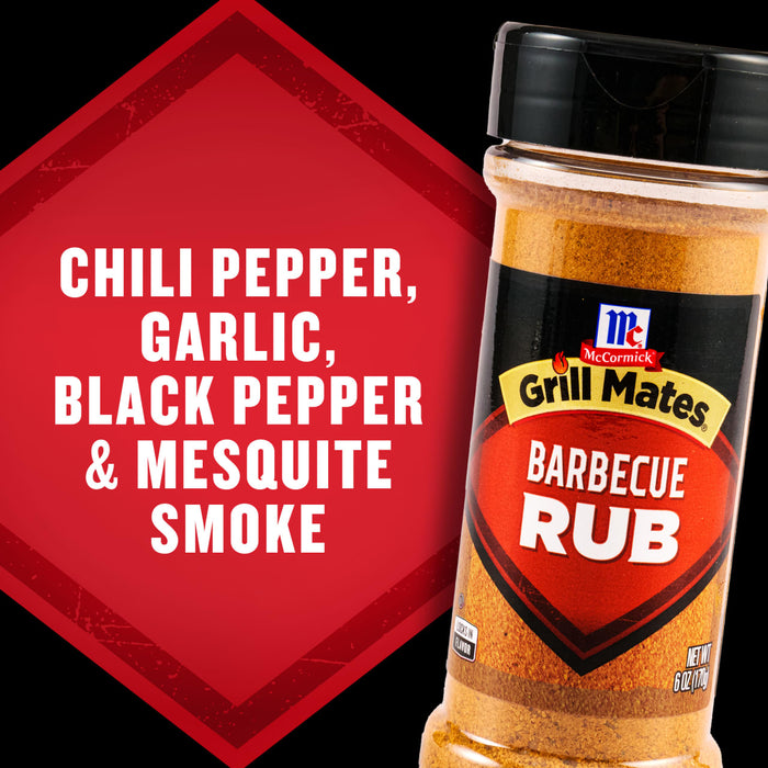 A bottle of McCormick Grill Mates Barbecue Rub, highlighting its chili pepper, garlic, black pepper, and mesquite smoke flavors.