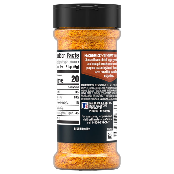 A clear plastic bottle of Mccormick Grill Mates Barbecue Seasoning Rub 6 Oz showing the nutrition facts and ingredient list including brown sugar, sea salt, and spices.