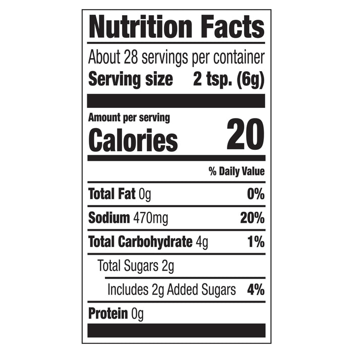 A nutrition facts label for Mccormick Grill Mates Barbecue Seasoning Rub 6 Oz showing 20 calories and 470 milligrams of sodium per two teaspoon serving.