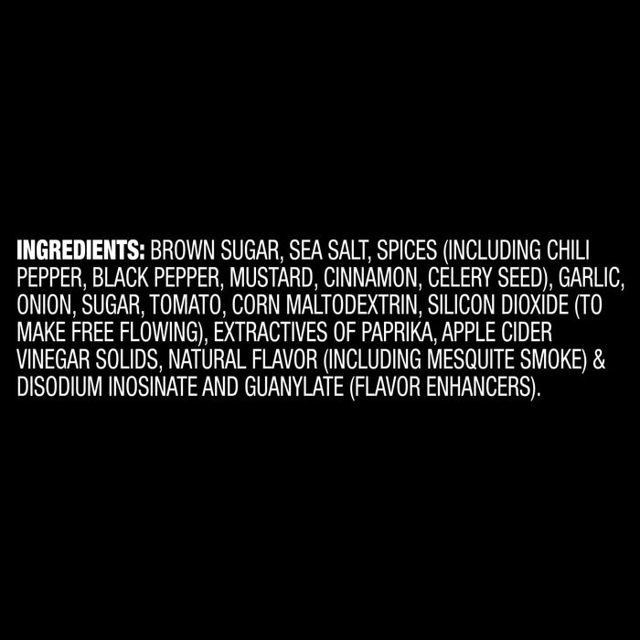 A list of ingredients for Mccormick Grill Mates Barbecue Seasoning Rub 6 Oz including brown sugar, sea salt, and spices like chili pepper and mustard.