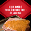 A versatile rub is shown being applied to pork, but it can also be used on chicken, beef, or seafood.
