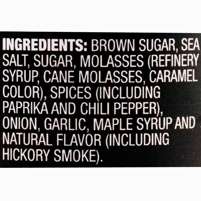 A list of ingredients for a product including brown sugar sea salt sugar molasses spices paprika chili pepper onion garlic maple syrup and natural flavor.