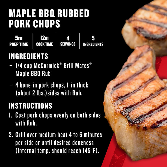 McCormick's Maple BBQ Rub recipe for pork chops with preparation and cooking instructions.