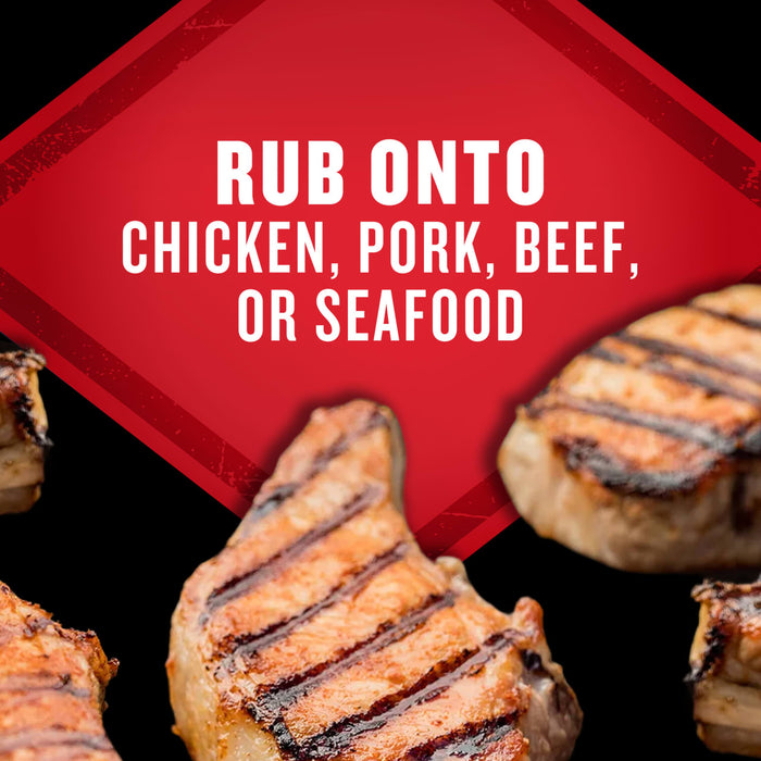 A red diamond shape highlights the text Rub onto chicken, pork, beef, or seafood, suggesting the product can be used as a rub for various meats and seafood.