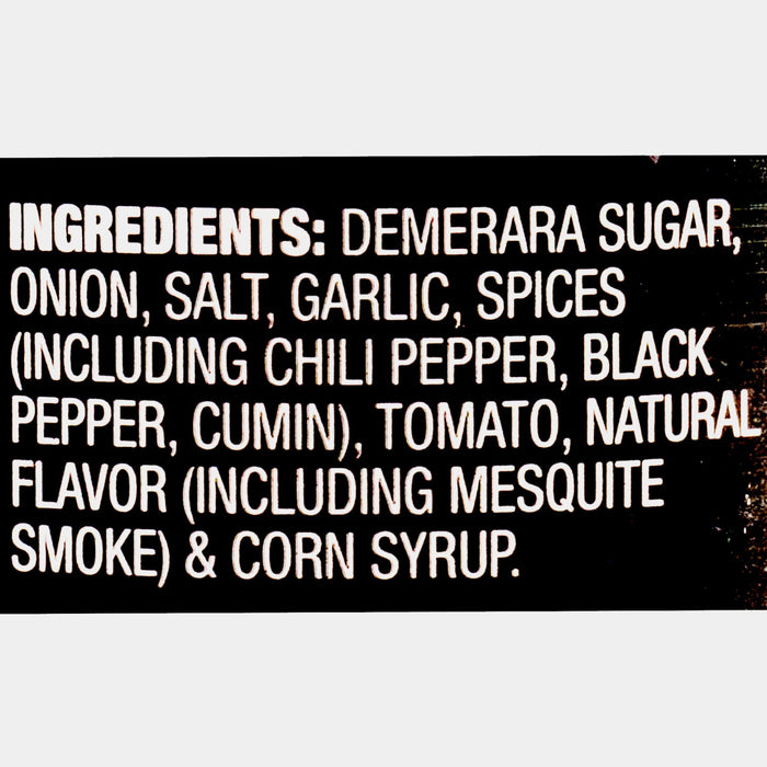 A list of ingredients for a product containing Demerara sugar onion salt garlic spices chili pepper black pepper cumin tomato natural flavor mesquite smoke and corn syrup.