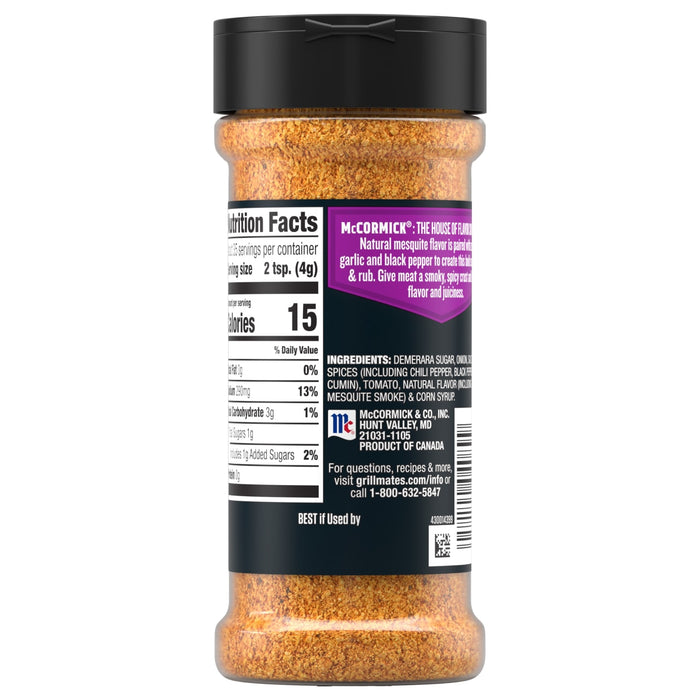 A bottle of Mccormick Grill Mates Mesquite Seasoning Rub 4.87 Oz showing the nutrition facts and ingredient list including demerara sugar and natural mesquite smoke flavor.