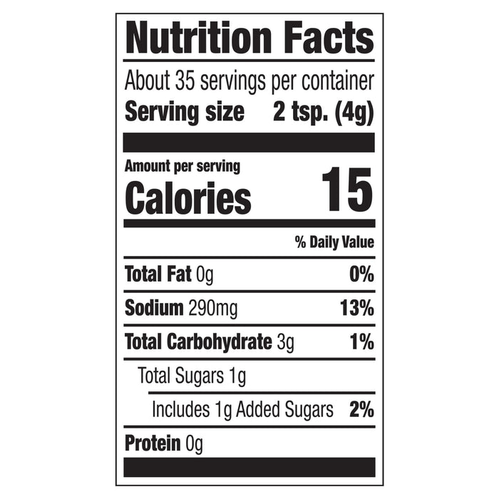 A nutrition facts infographic for Mccormick Grill Mates Mesquite Seasoning Rub 4.87 Oz detailing 15 calories and 290 milligrams of sodium per two teaspoon serving.