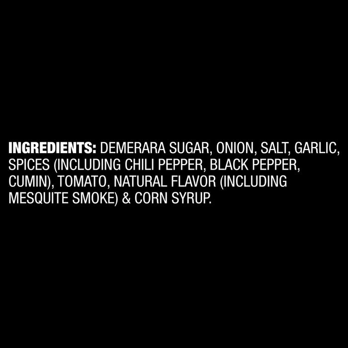 A list of ingredients for Mccormick Grill Mates Mesquite Seasoning Rub 4.87 Oz includes demerara sugar, onion, salt, garlic, spices like chili pepper, black pepper, and cumin, tomato, natural flavor with mesquite smoke, and corn syrup.