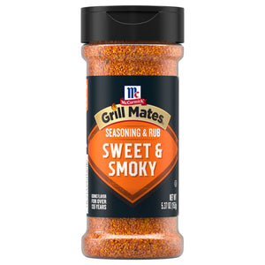A clear plastic bottle of Mccormick Grill Mates Sweet And Smoky Seasoning Rub 5.37 Oz featuring a black and orange label with the iconic McCormick logo.