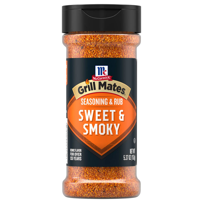 A clear plastic bottle of Mccormick Grill Mates Sweet And Smoky Seasoning Rub 5.37 Oz featuring a black and orange label with the iconic McCormick logo.