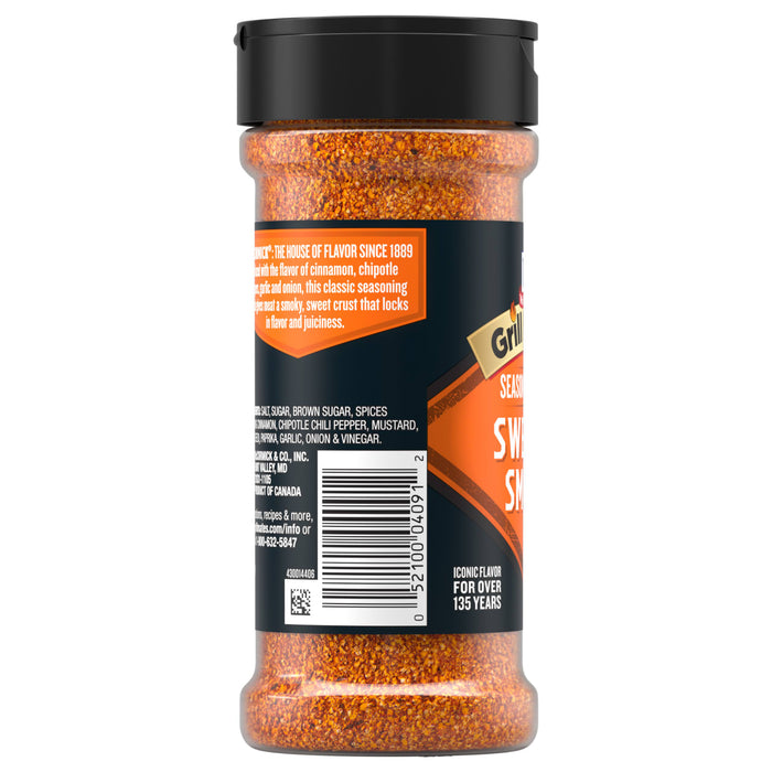 A bottle of Mccormick Grill Mates Sweet And Smoky Seasoning Rub 5.37 Oz featuring a blend of cinnamon, chipotle chili pepper, and garlic for a smoky sweet crust.