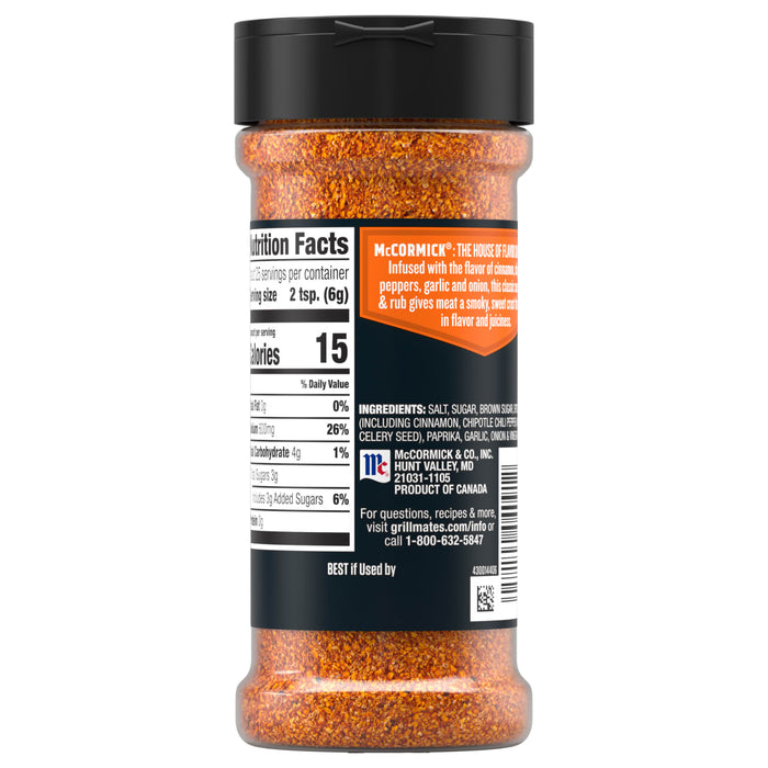 A back view of the bottle for Mccormick Grill Mates Sweet And Smoky Seasoning Rub 5.37 Oz showing the nutrition facts and a list of ingredients including cinnamon and chipotle chili pepper.