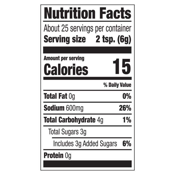 A nutrition facts label for Mccormick Grill Mates Sweet And Smoky Seasoning Rub 5.37 Oz showing 15 calories and 600 milligrams of sodium per two teaspoon serving.