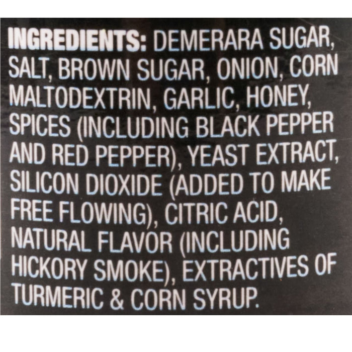 A list of ingredients for a product including Demerara sugar salt brown sugar onion corn maltodextrin garlic honey spices yeast extract silicon dioxide citric acid natural flavor hickory smoke and corn syrup.