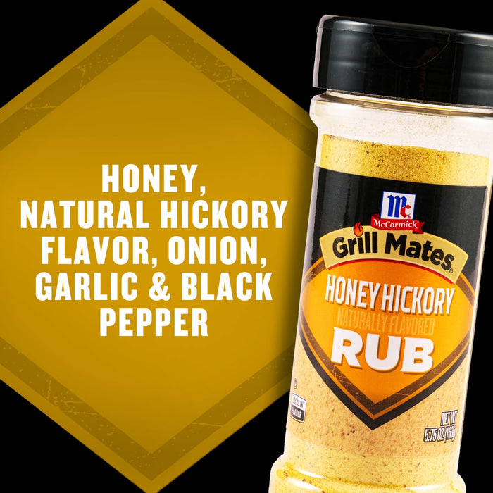 A bottle of McCormick Grill Mates Honey Hickory Rub seasoning is shown with a list of ingredients including honey, natural hickory flavor, onion, garlic, and black pepper.