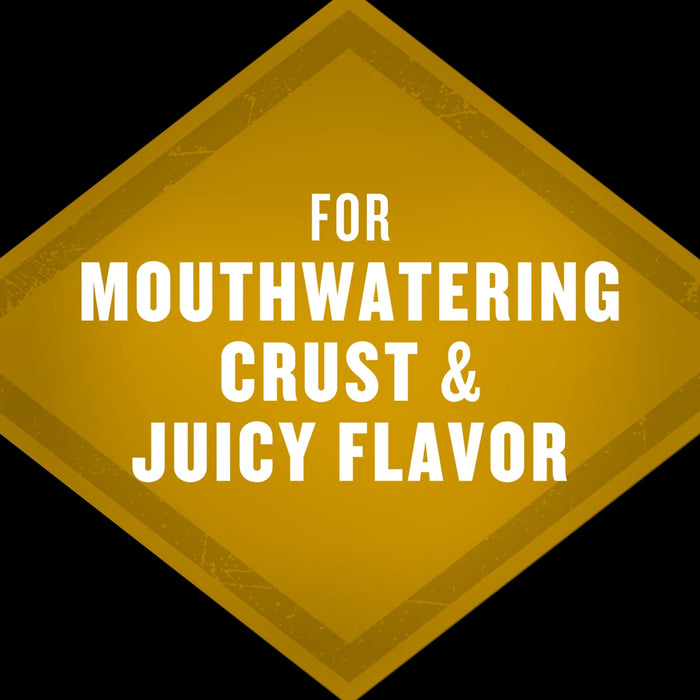 A golden badge that reads For Mouthwatering Crust &amp; Juicy Flavor.