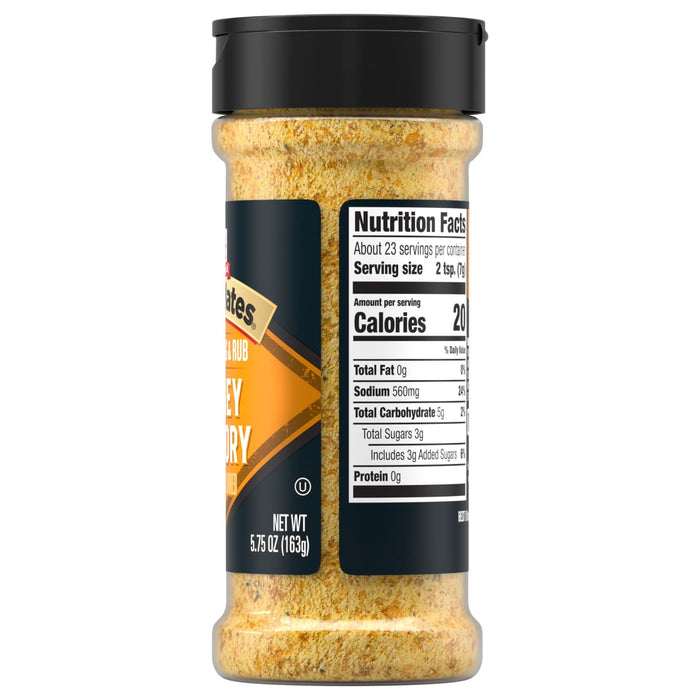 A side view of a bottle of Mccormick Grill Mates Honey Hickory Seasoning Rub 5.75 Oz showing the nutrition facts label and the net weight of 163 grams.