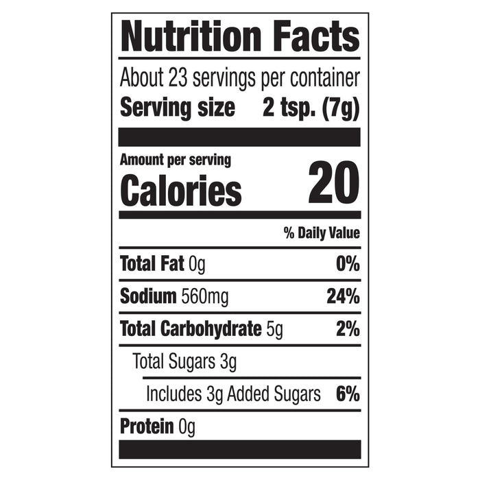 A nutrition facts label for Mccormick Grill Mates Honey Hickory Seasoning Rub 5.75 Oz shows that a 2 teaspoon serving contains 20 calories and 560 milligrams of sodium.