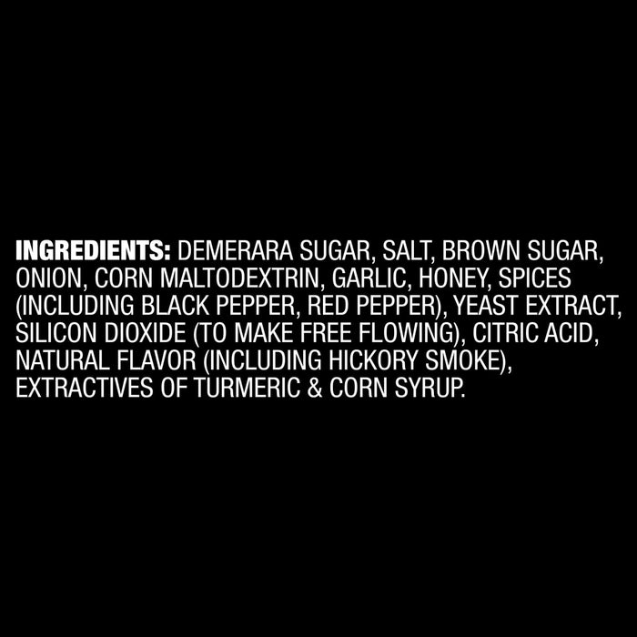 A list of ingredients for Mccormick Grill Mates Honey Hickory Seasoning Rub 5.75 Oz including demerara sugar, salt, brown sugar, onion, corn maltodextrin, garlic, honey, and spices.